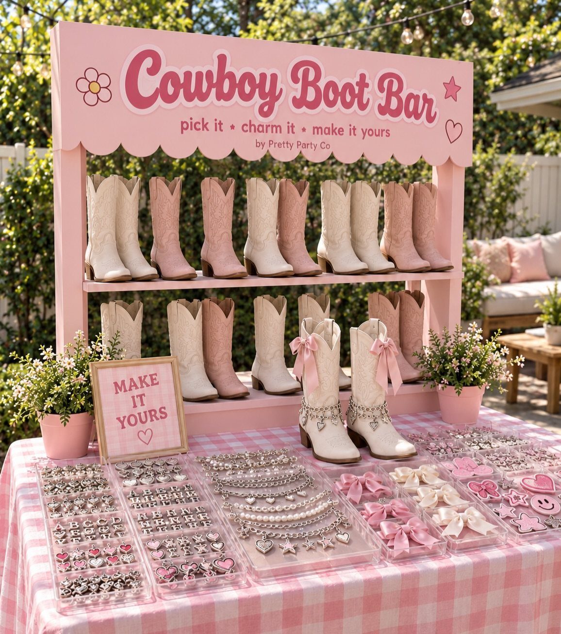 Cowboy Boot Bar with pink and white boots and charm trays on checkered table