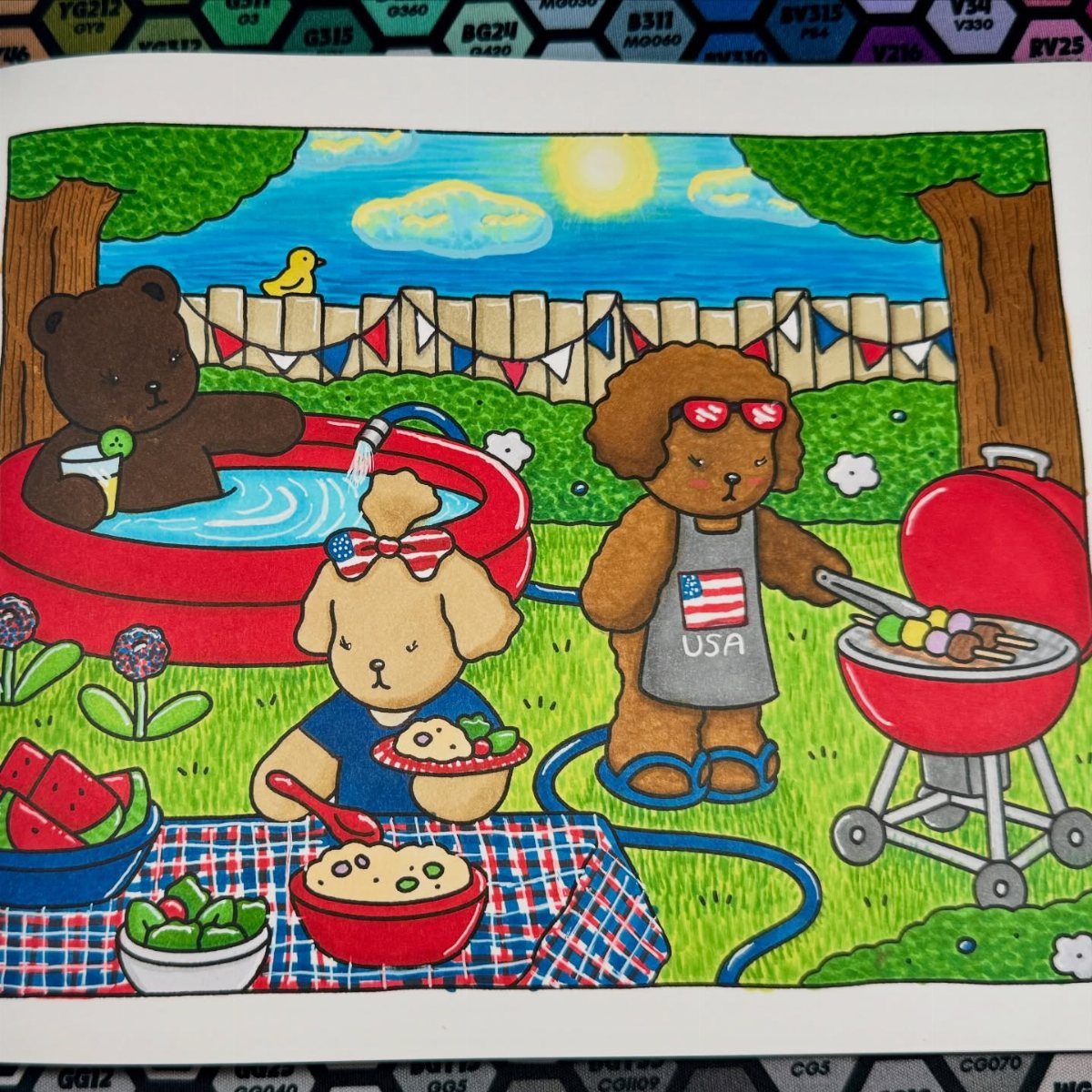 Animals having a patriotic backyard BBQ with a grill, pool, and food.