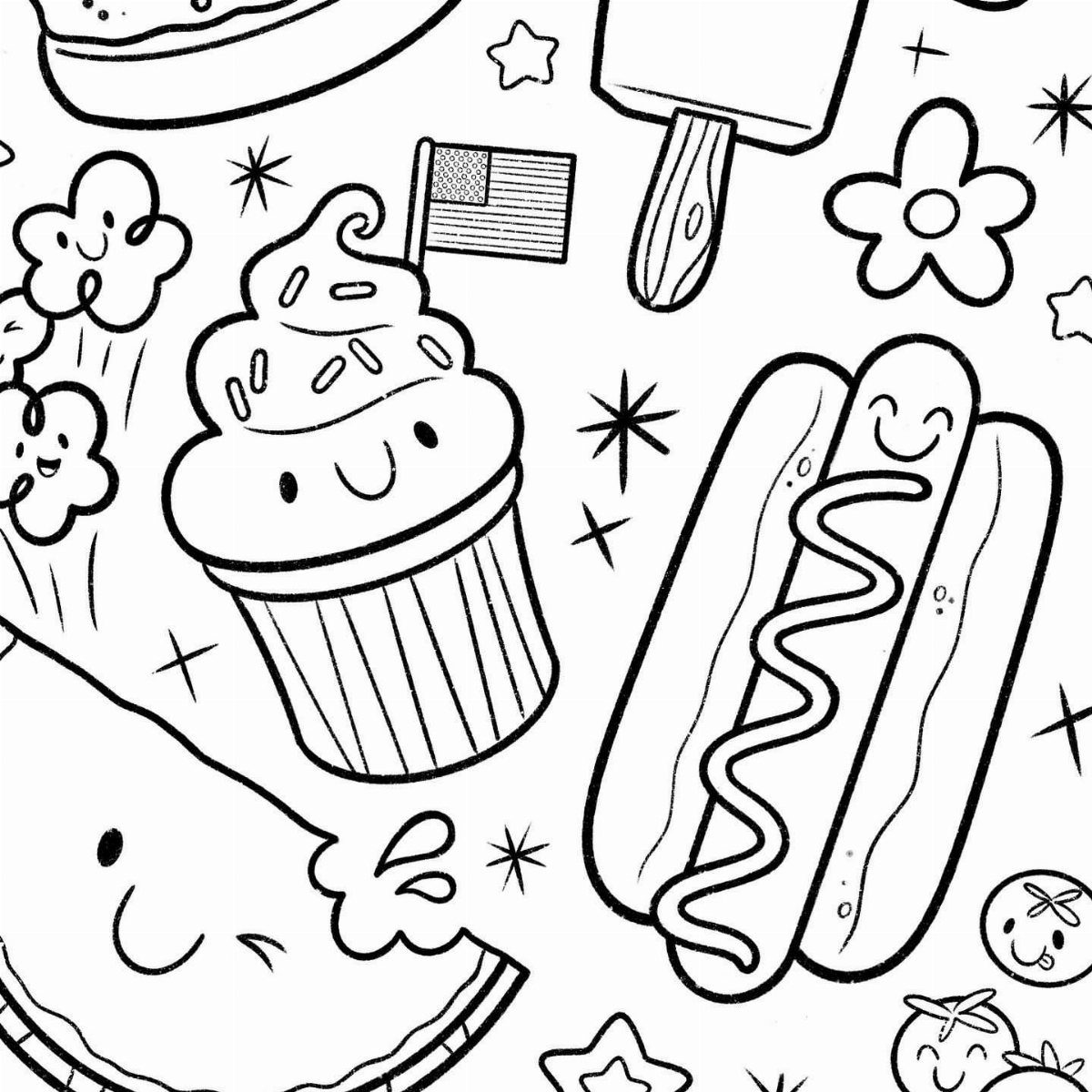 Black and white coloring page with smiling cupcake, hot dog, and American flag.