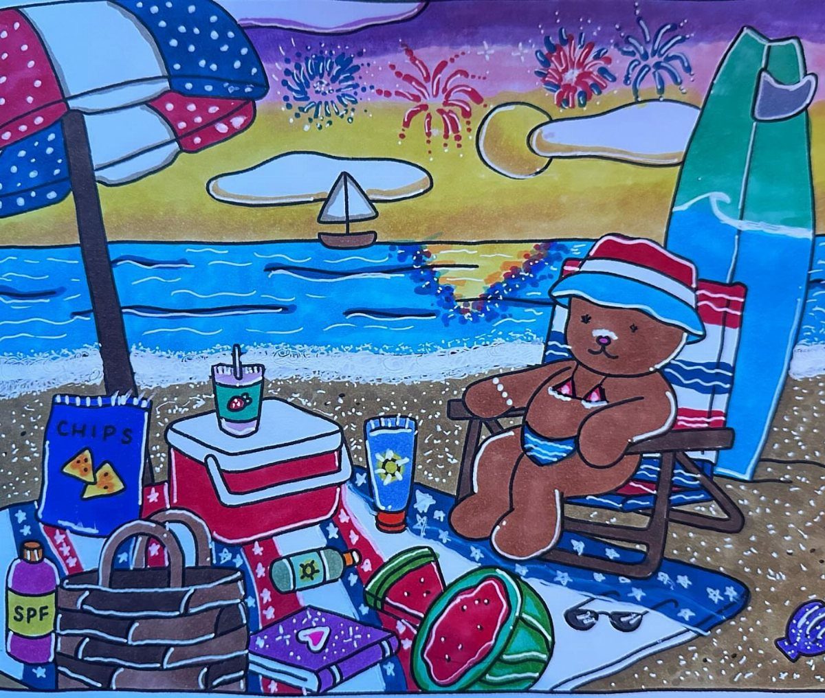 Colored drawing of a bear on a beach with patriotic decorations and fireworks.