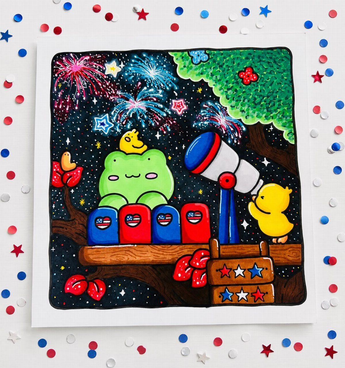 Colored drawing of a frog and birds watching fireworks with American flag details.