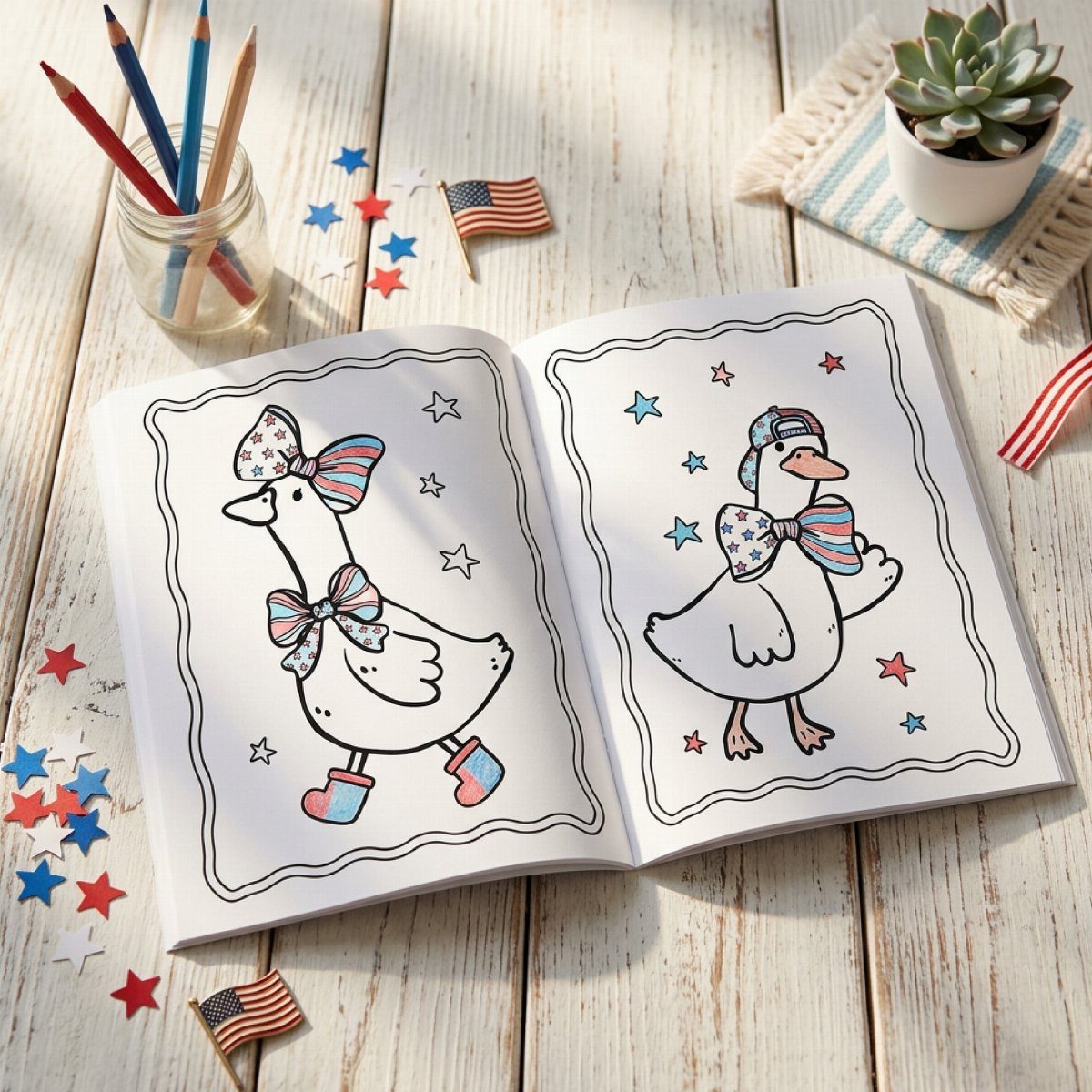 Open coloring book with patriotic ducks on a white table with stars and flags