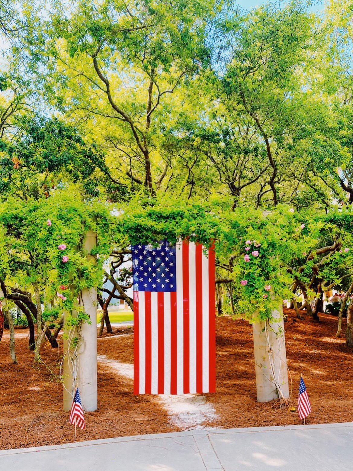 Large American flag hanging under a garden trellis with small flags in mulch