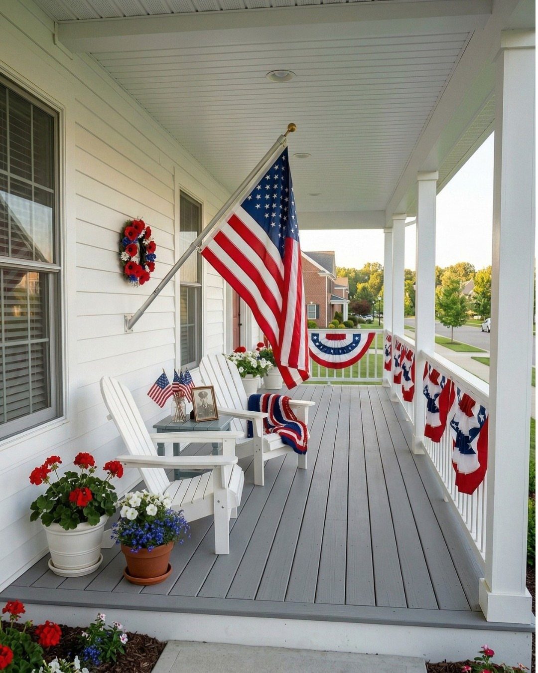 Red, white, and blue wreath on a white porch with American flags.