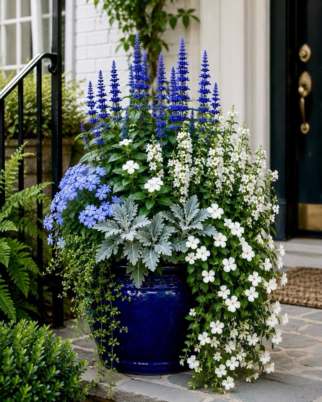 Blue ceramic flower pot with blue and white flowers on a stone porch