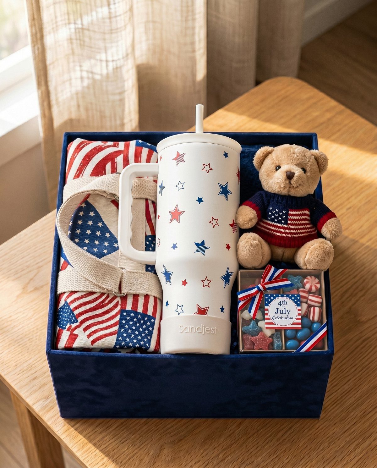 Navy blue basket filled with patriotic themed blanket, tumbler, teddy bear, and candies.
