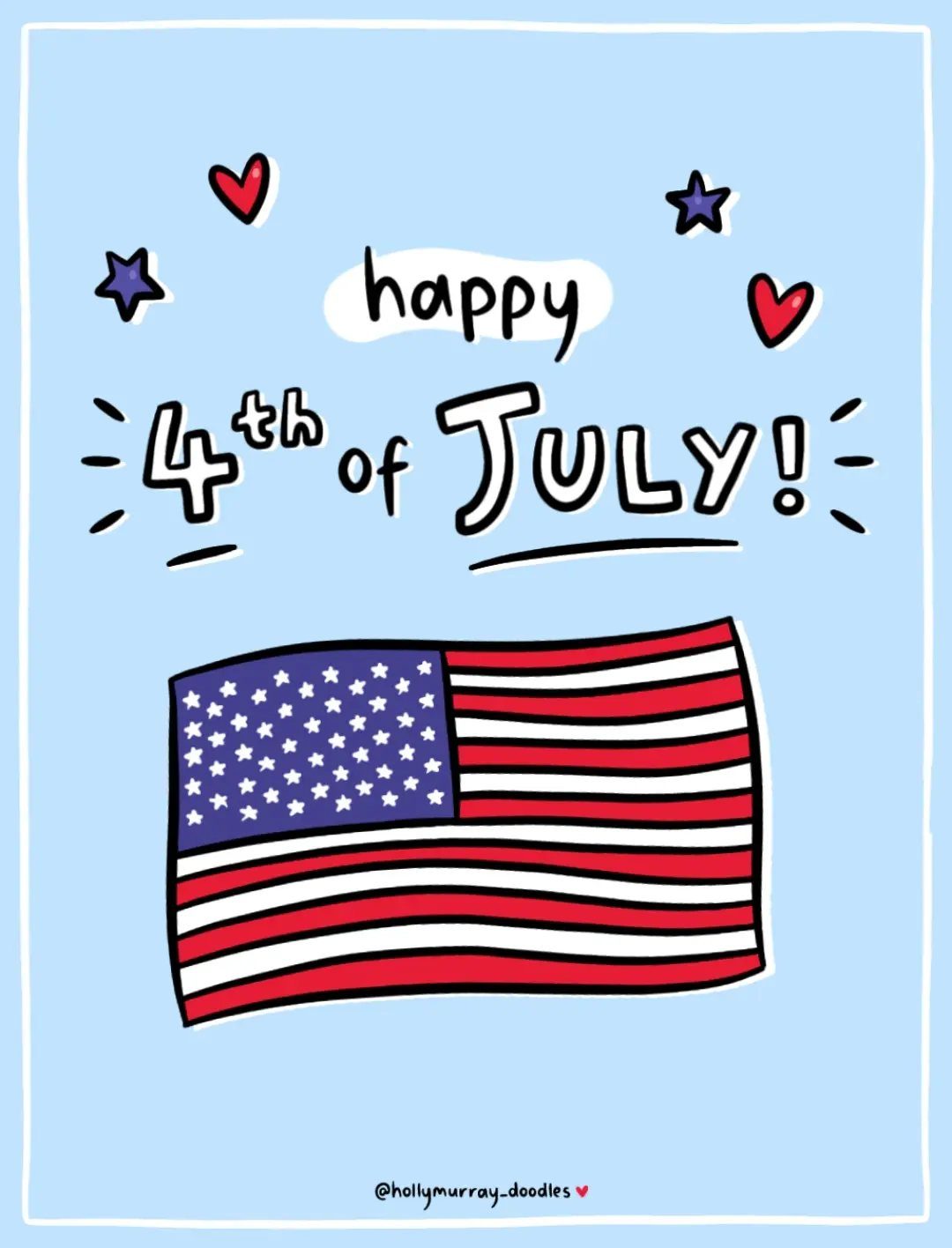 Happy 4th of July illustration with American flag, stars, and red hearts.