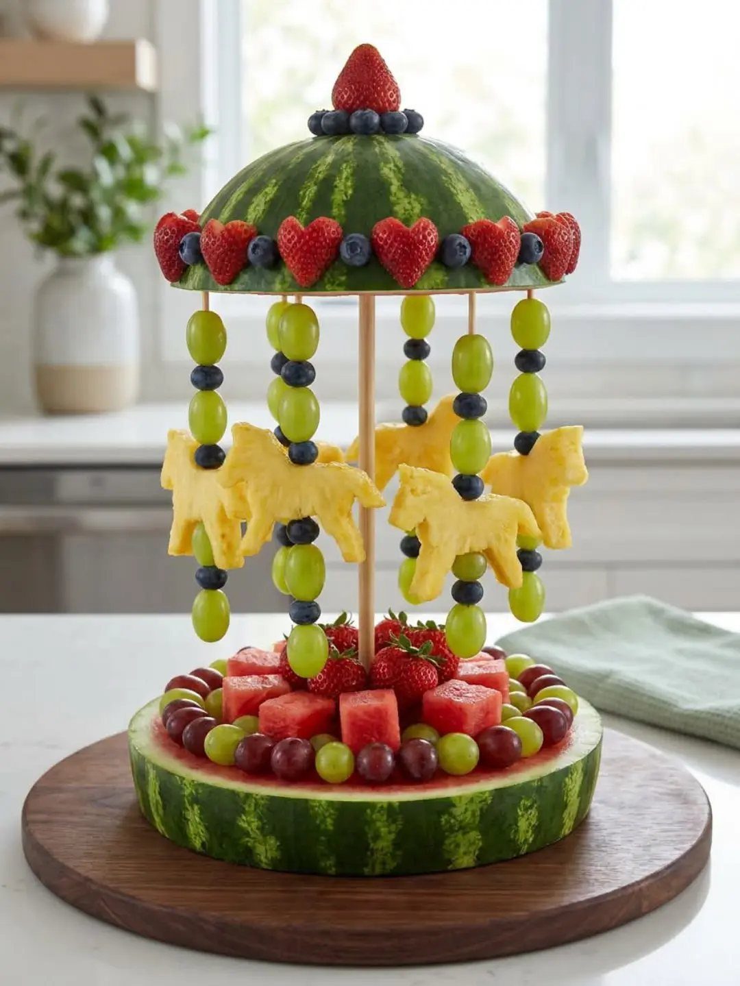 Watermelon carousel platter decorated with grapes, strawberries, blueberries, and cheese horse cutouts.