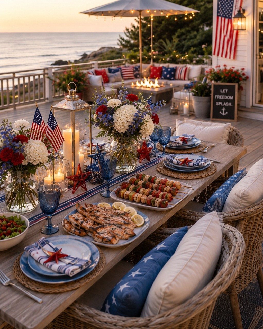 Patriotic outdoor table setting with red white and blue flowers and American flags.