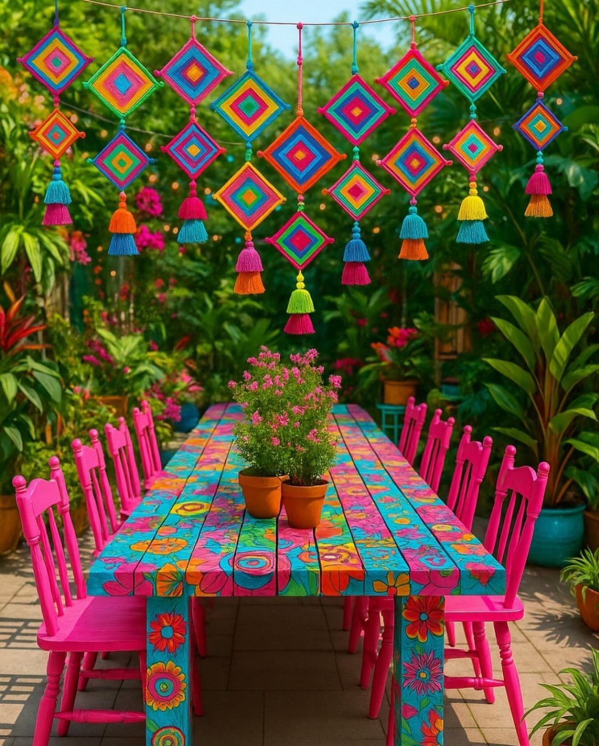 Colorful painted outdoor table and pink chairs under a yarn diamond garland.