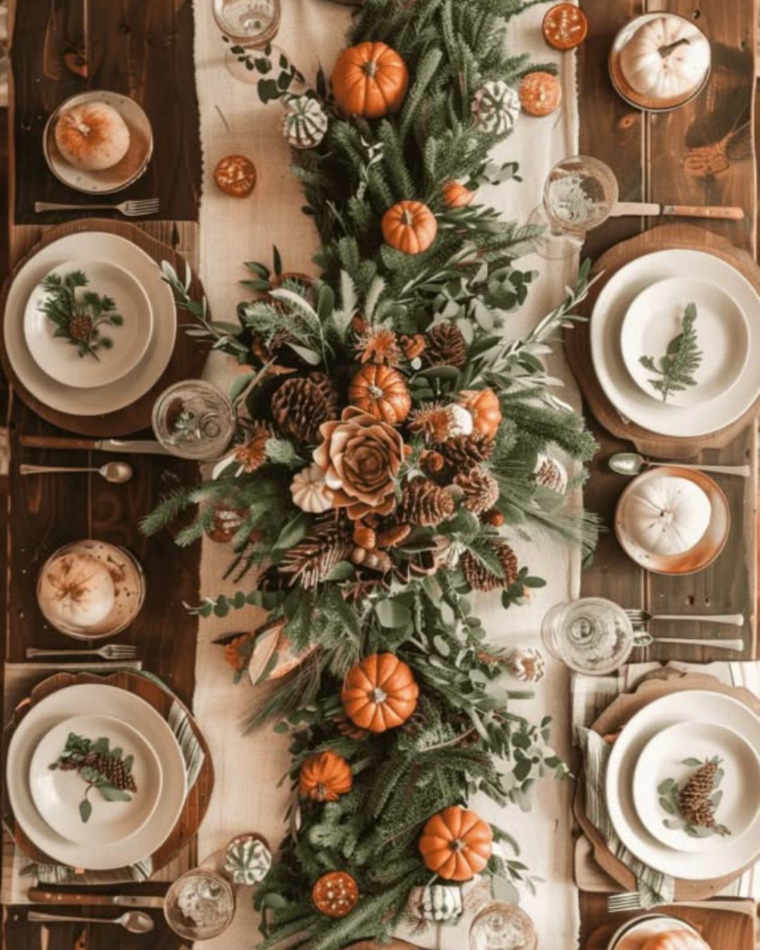 Thanksgiving table setting with evergreen centerpiece, orange pumpkins, and white plates on wood.