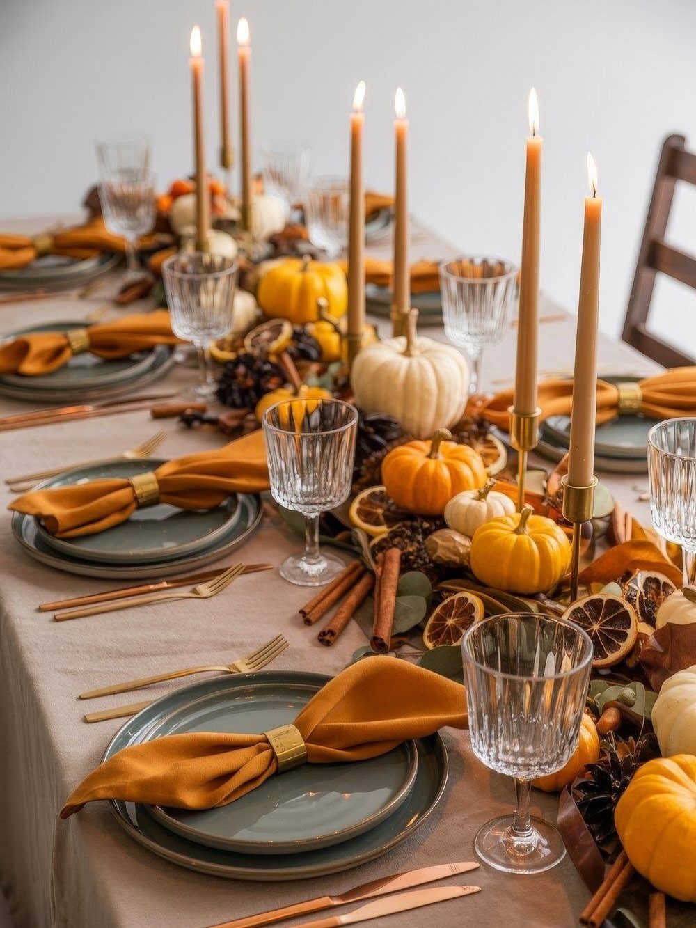 Thanksgiving table setting with grey plates, orange napkins, pumpkins, and lit taper candles.
