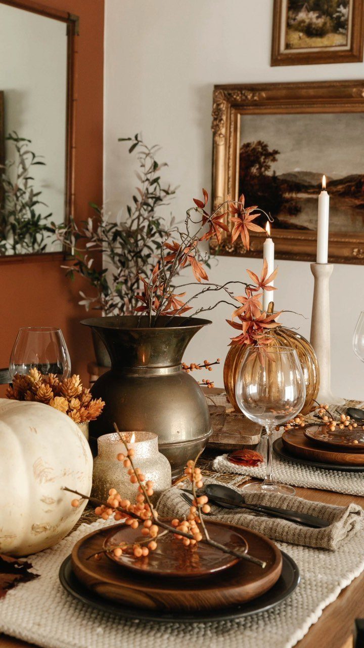 Rustic Thanksgiving table setting with wooden plates, white pumpkins, and autumn branches.