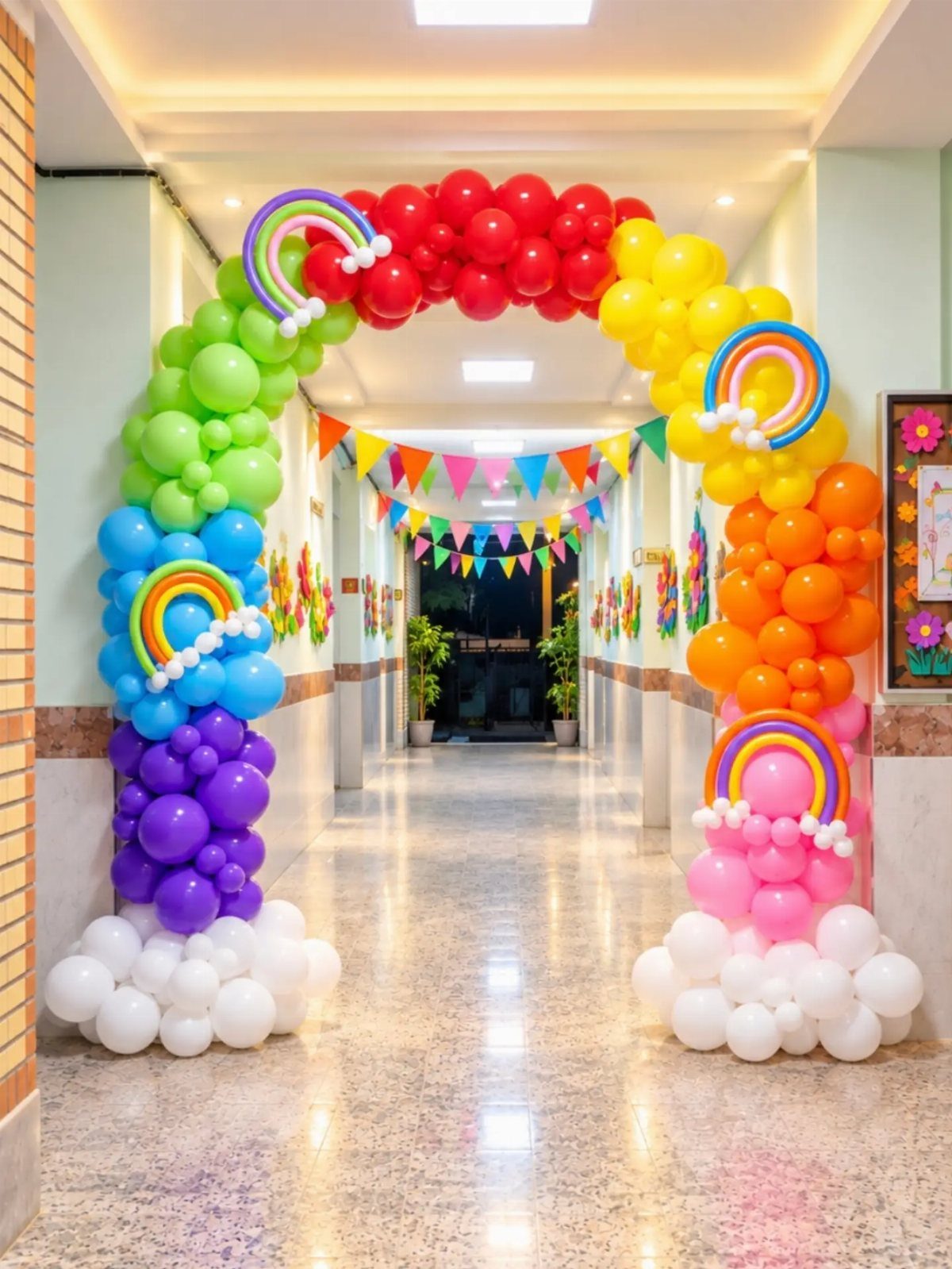 Rainbow balloon arch with white cloud bases in a hallway with colorful bunting.