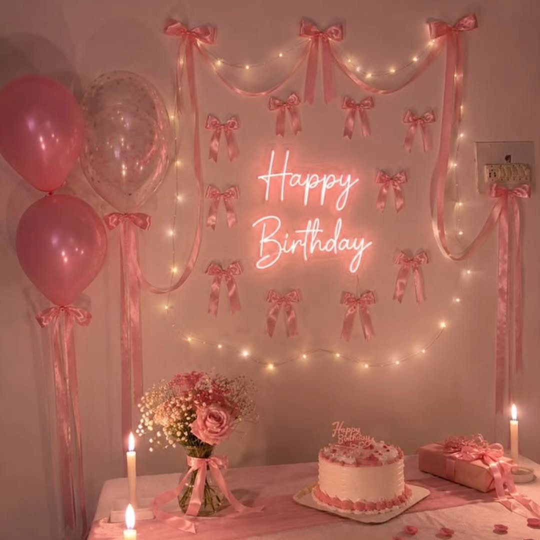 Pink birthday decorations with neon sign, fairy lights, cake, and pink floral bouquet.