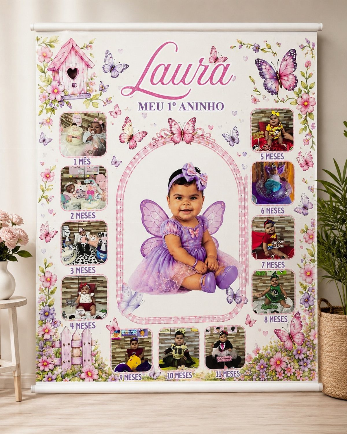 Personalized birthday banner for Laura featuring baby milestone photos and fairy theme.