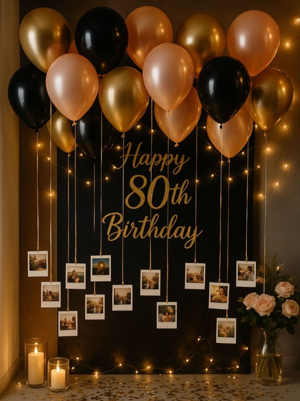 Birthday decorations featuring gold and black balloons with polaroid photos hanging below them.