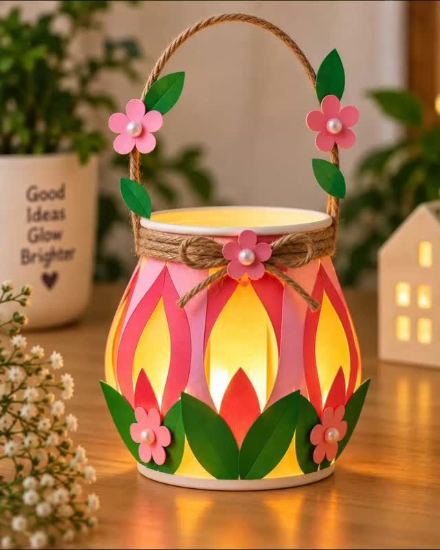 Glowing flower-shaped paper lantern with a twine handle and pink floral decorations.
