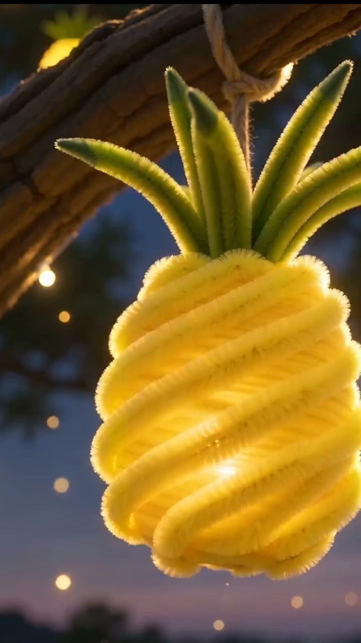 Pineapple craft made of yellow and green pipe cleaners hanging from a branch.