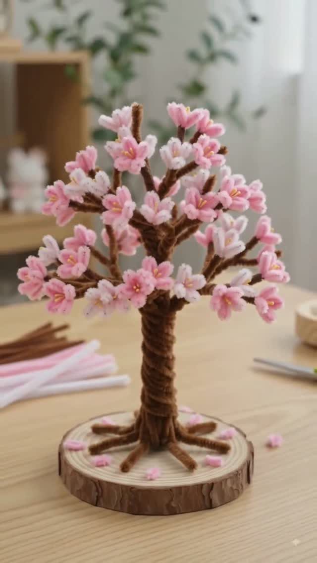 Small decorative cherry blossom tree made from pipe cleaners on a wooden base.