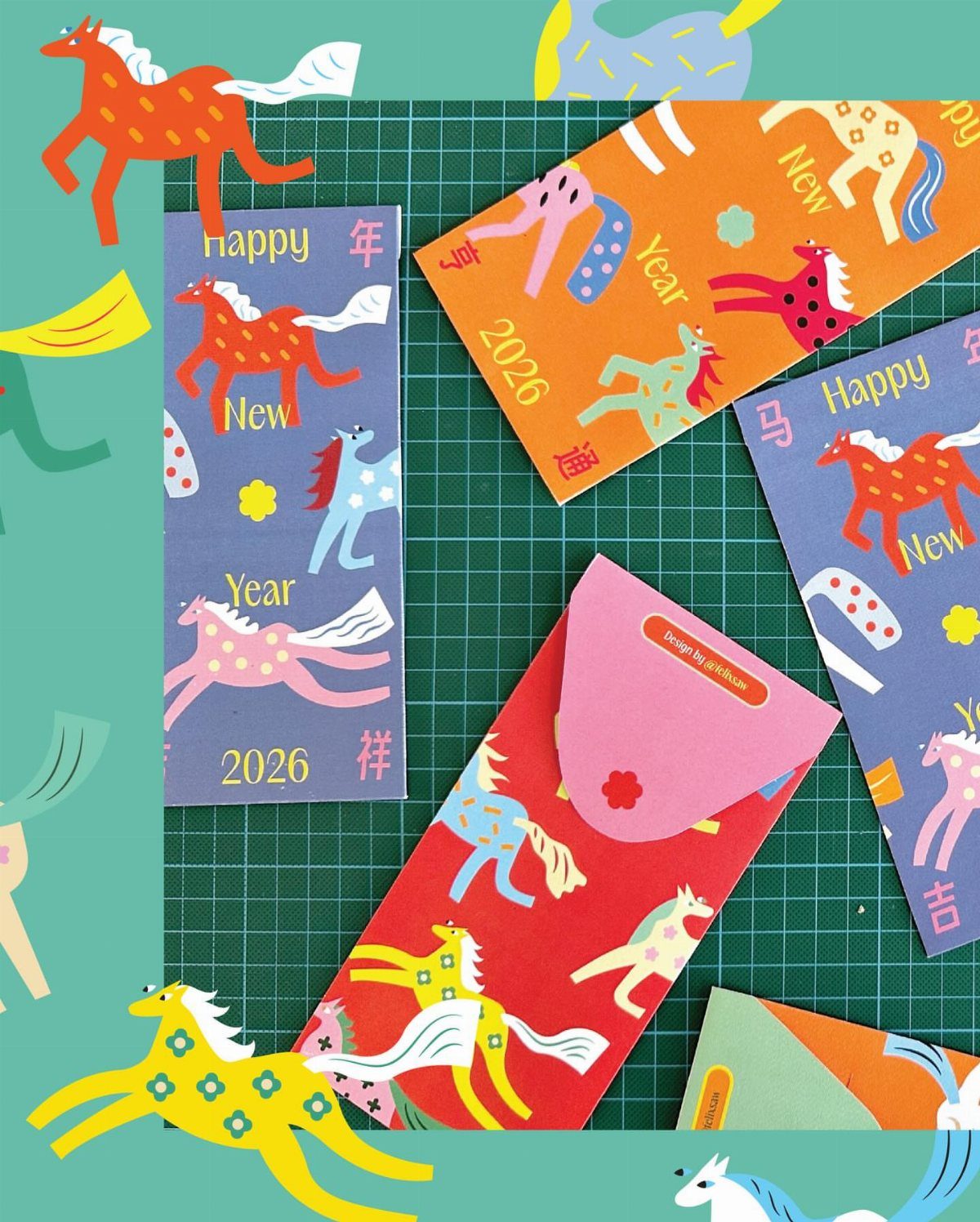Colorful paper envelopes and horse cutouts for Chinese New Year 2026 celebrations.