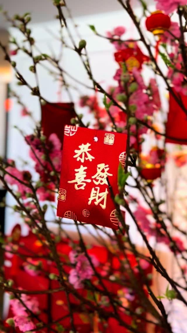 Red banner with gold calligraphy hanging from pink flowering tree branches