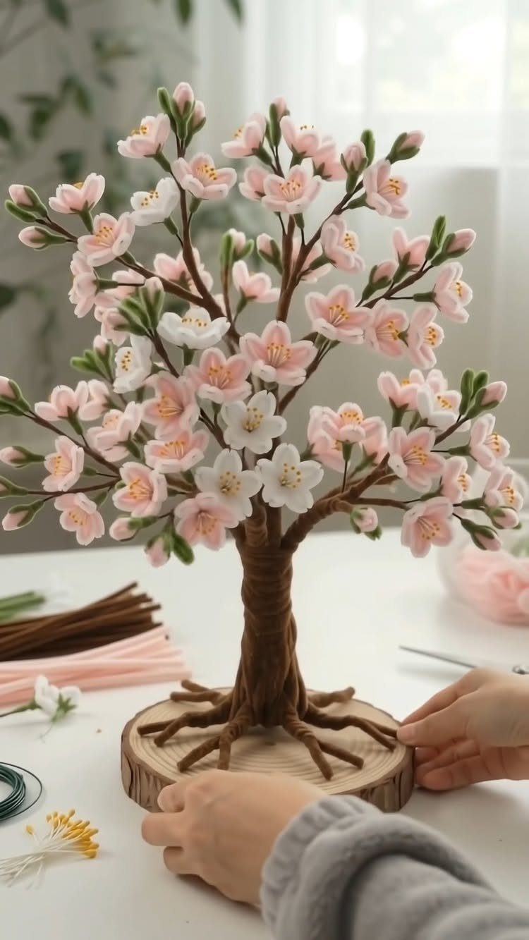 Handmade miniature cherry blossom tree with pink and white flowers on wooden base.