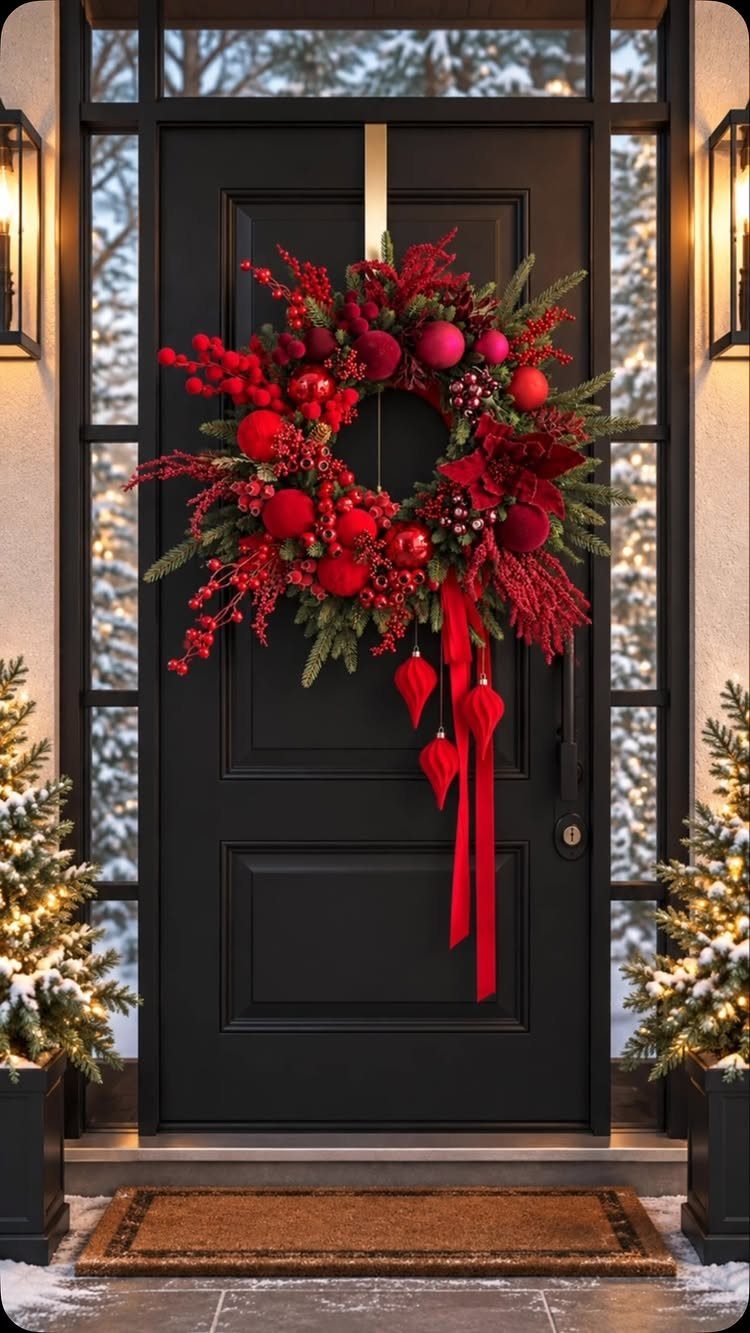 Red and green Christmas wreath with ornaments hanging on a black front door