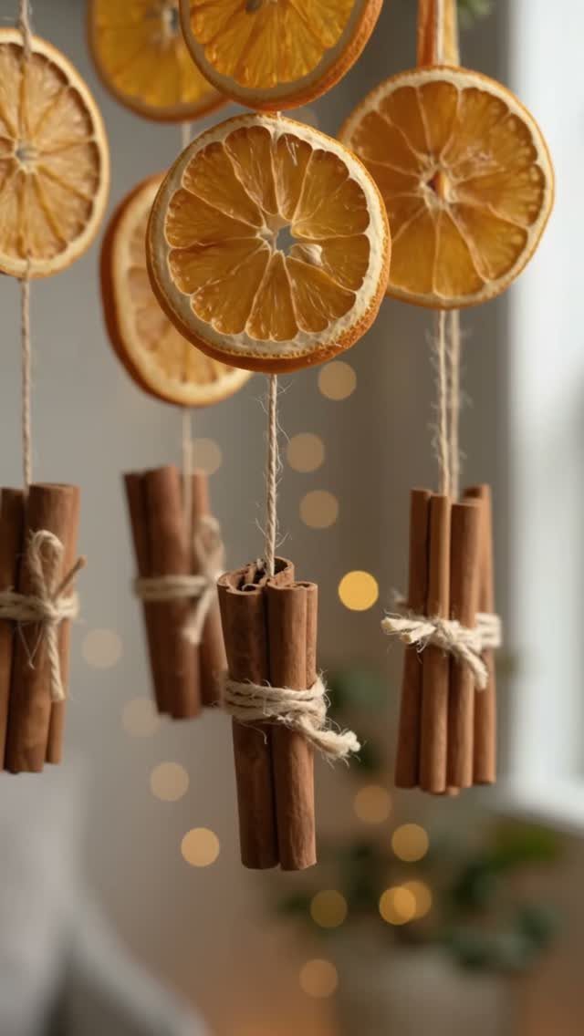 Dried orange slices and cinnamon sticks hanging as a rustic Christmas garland.