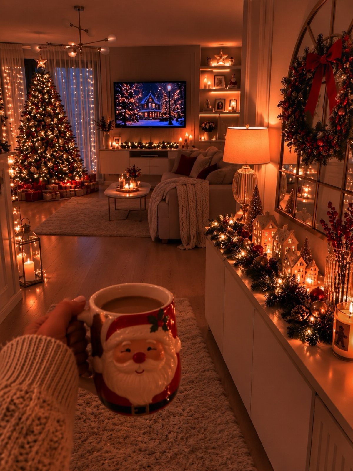 Christmas decorated living room with a lit tree, cozy sofa, and Santa mug.