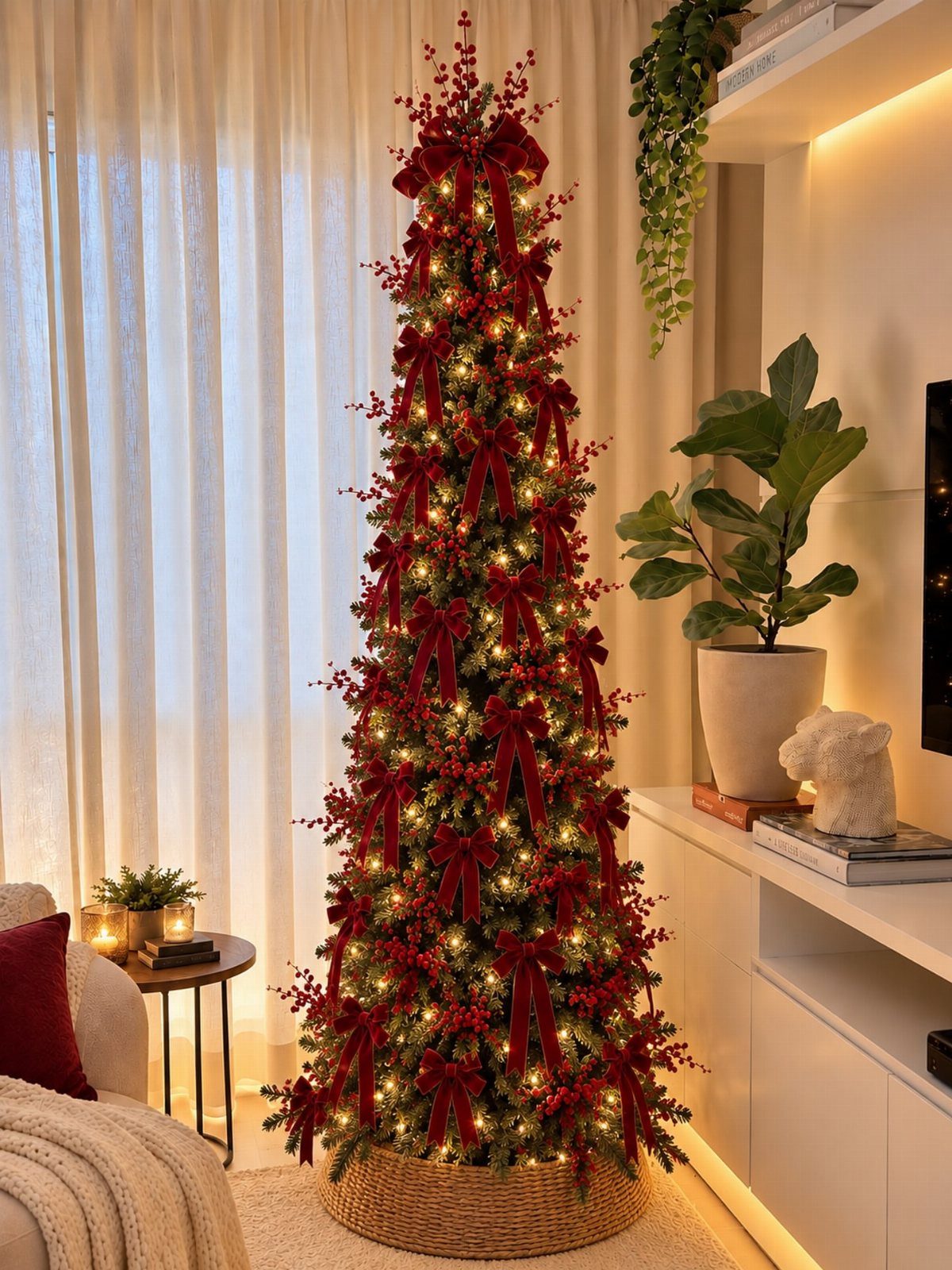 Slim pencil Christmas tree decorated with red bows and lights in a woven basket