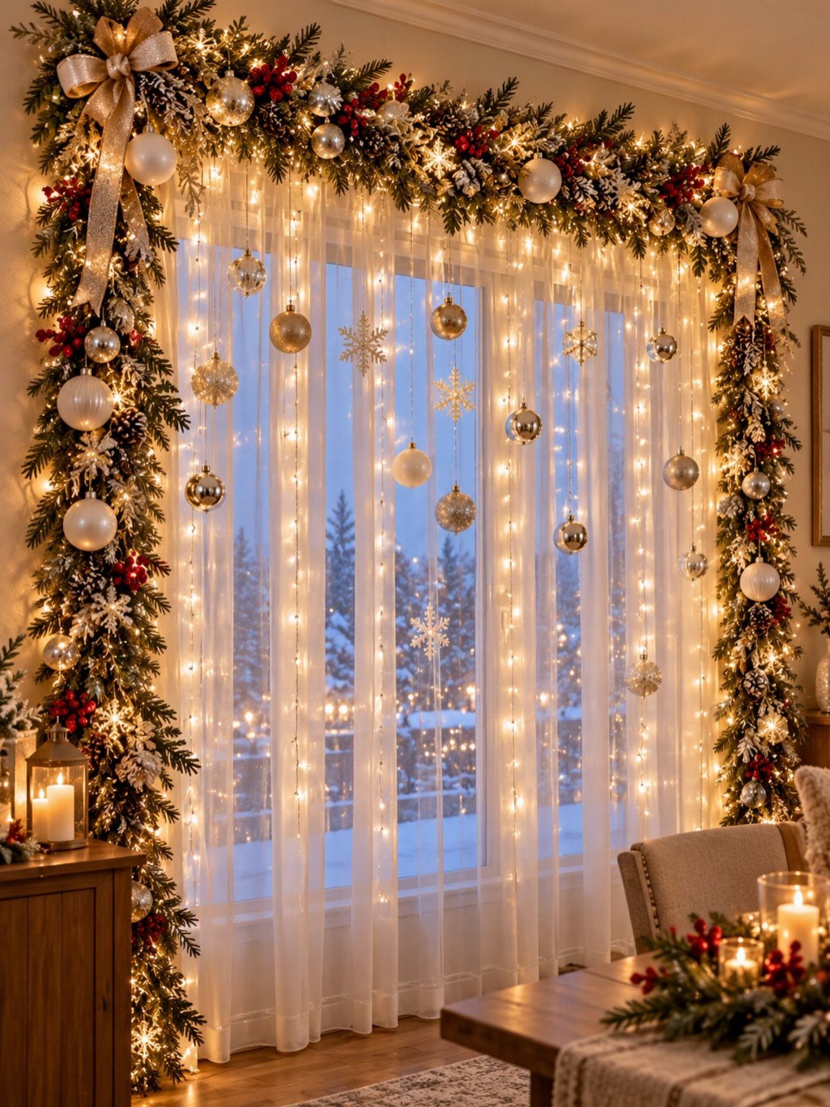 Evergreen garland with gold bows and ornaments framing a window with string lights.