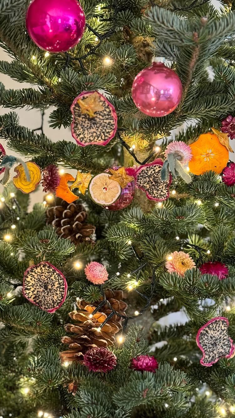 Christmas tree decorated with pink ornaments and a dried fruit and herb garland.