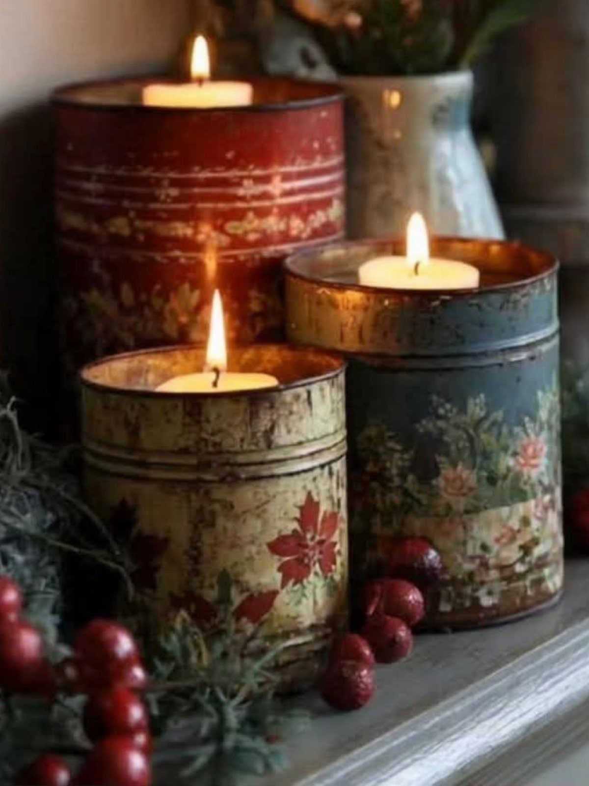Vintage metal spice tins used as candle holders with festive holiday patterns and berries.