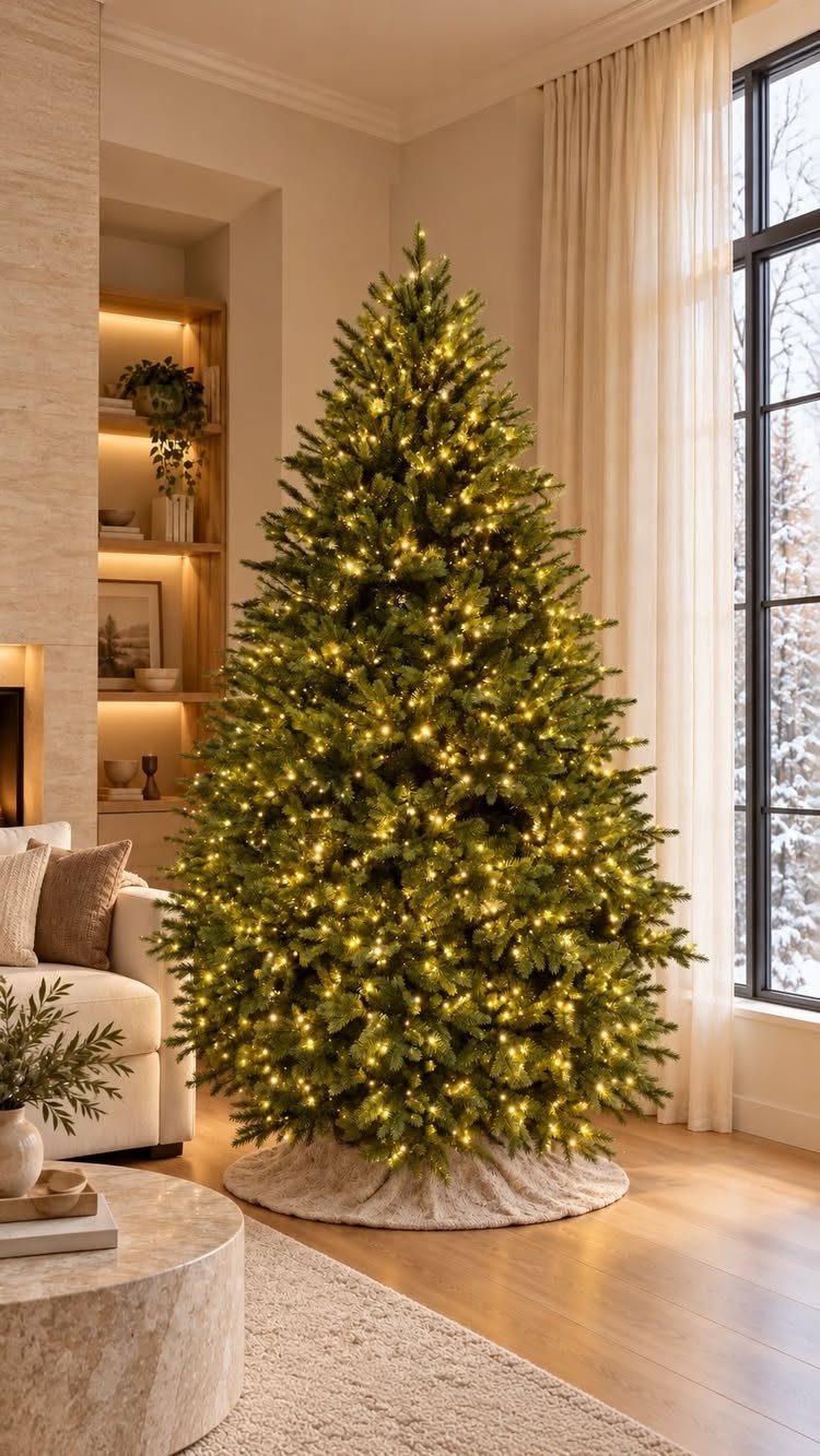 Green Christmas tree decorated only with warm yellow lights in a bright living room.