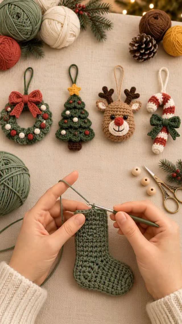 Hands crocheting a green yarn stocking with finished crochet Christmas ornaments nearby.