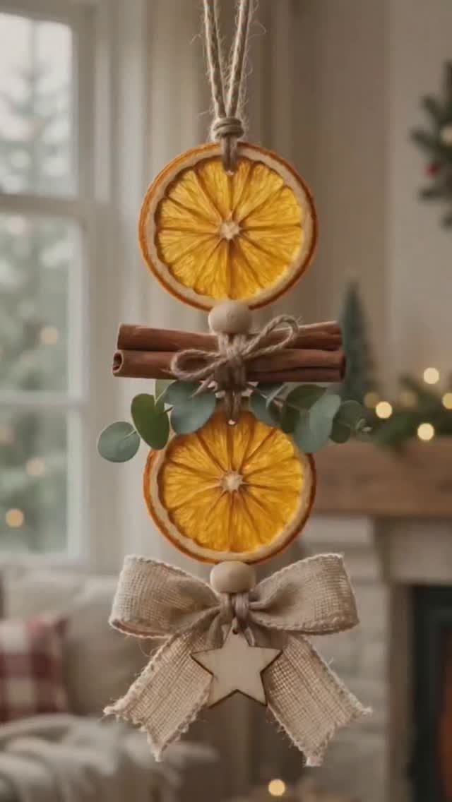 Dried orange slices and cinnamon sticks ornament with a burlap bow and wooden star.