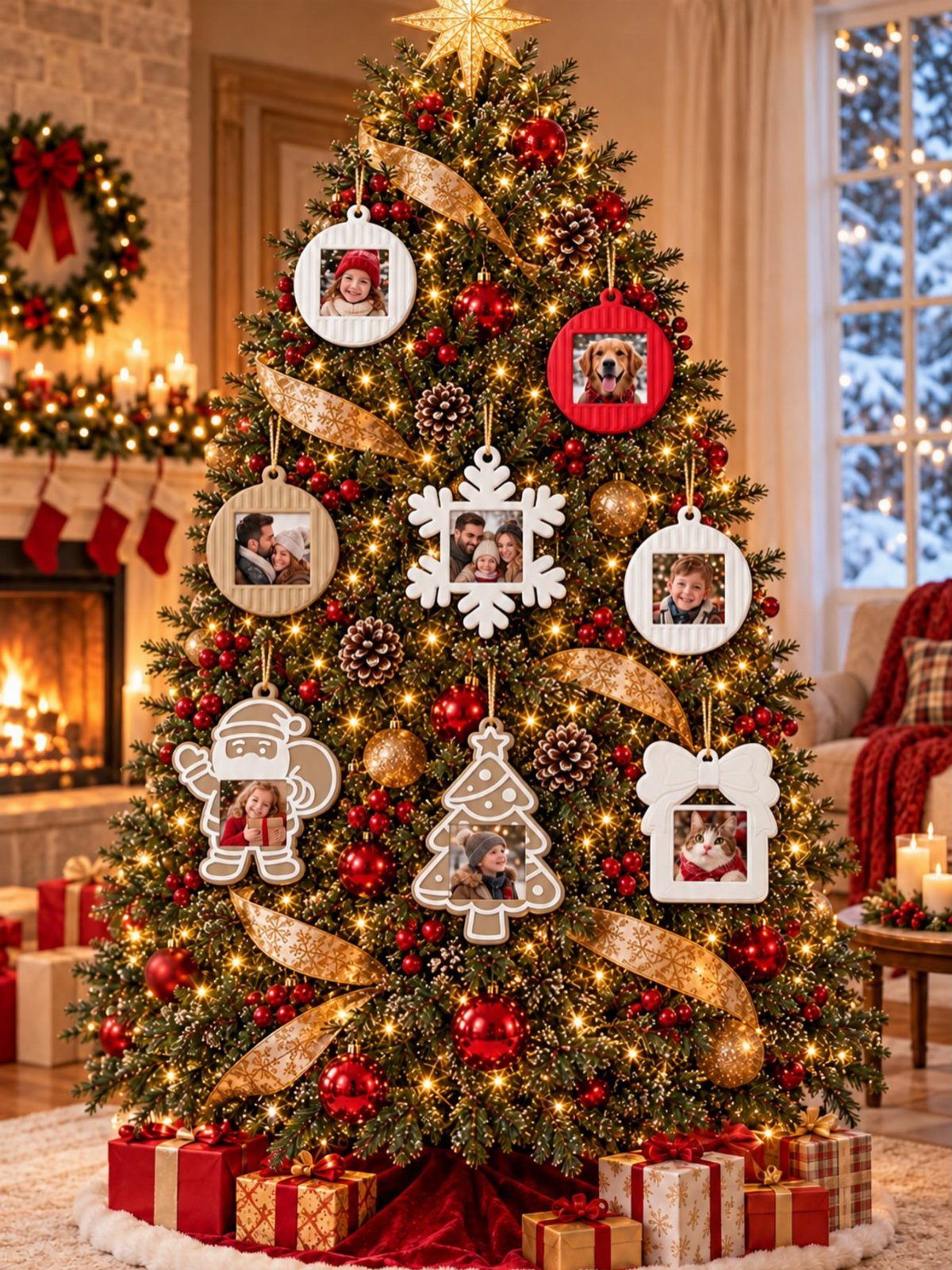 Christmas tree decorated with personalized photo ornaments featuring family and pets.