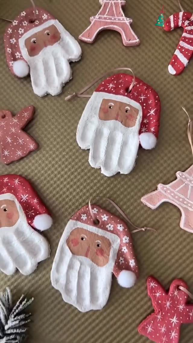 Handmade salt dough ornaments featuring Santa Claus, the Eiffel Tower, and candy canes.