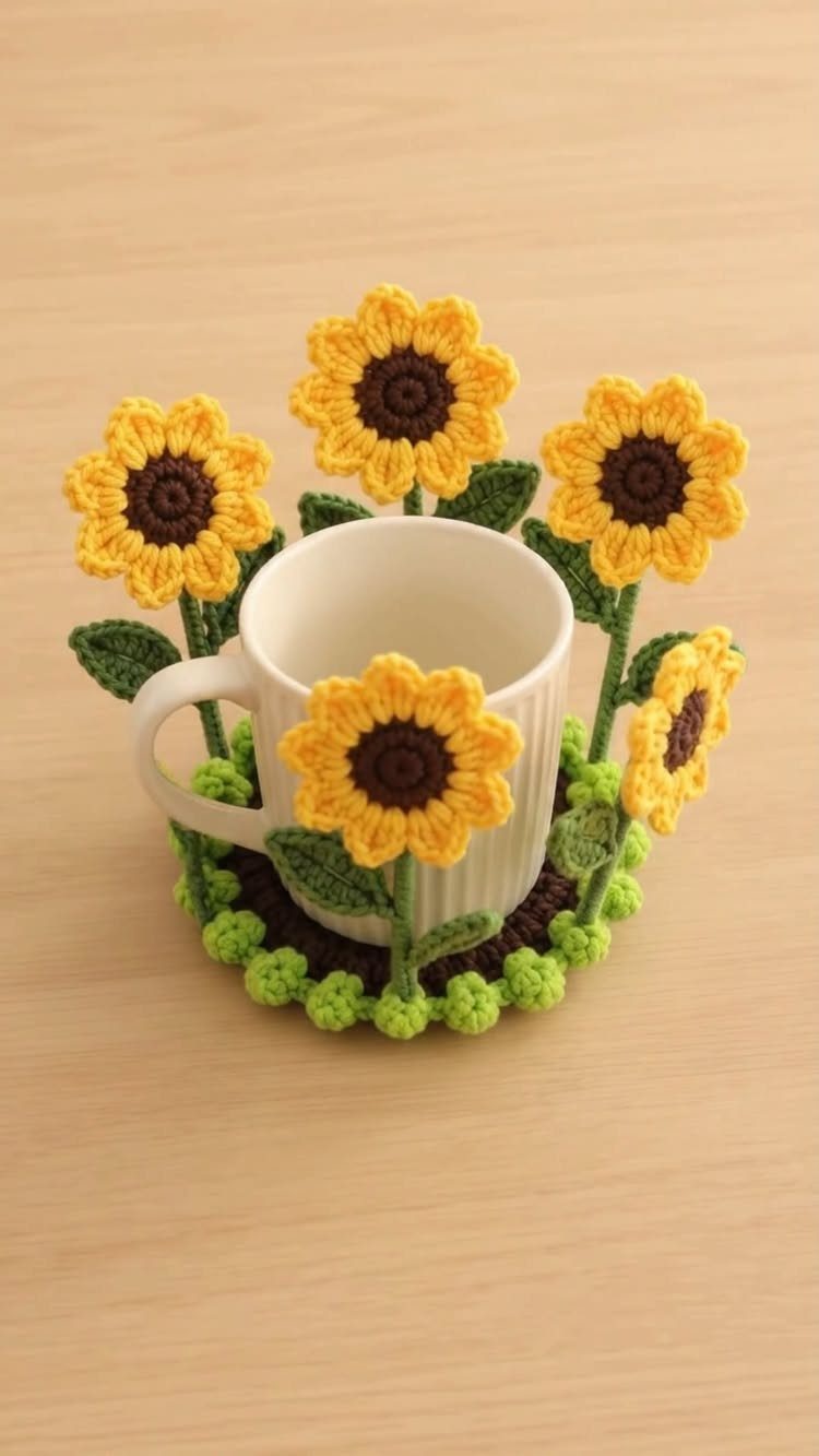 White ceramic mug on a crocheted coaster with yellow sunflowers and green leaves.