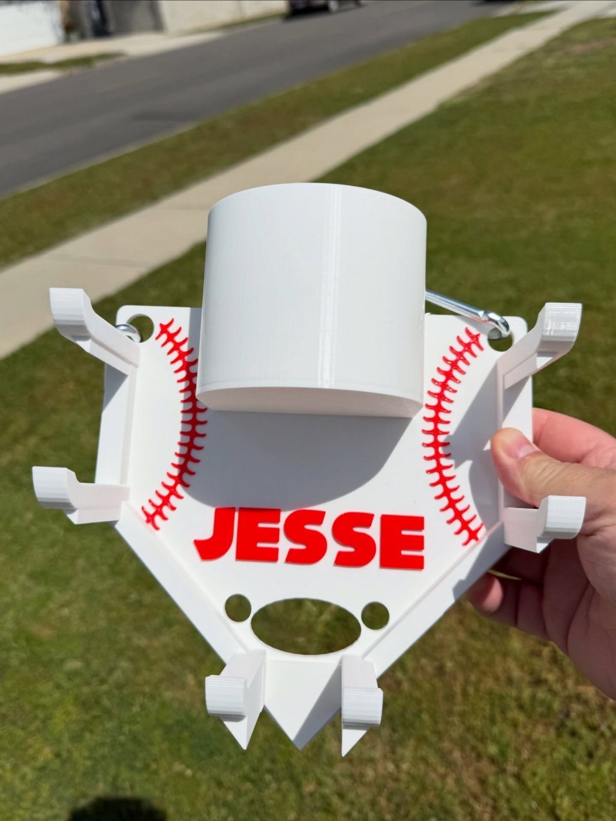 Baseball home plate organizer with red stitching and name Jesse holding office supplies.