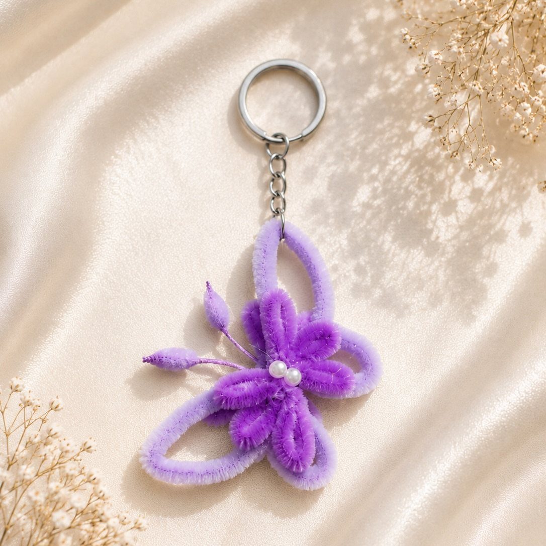 Purple pipe cleaner butterfly keychain on cream satin fabric with dried flowers.