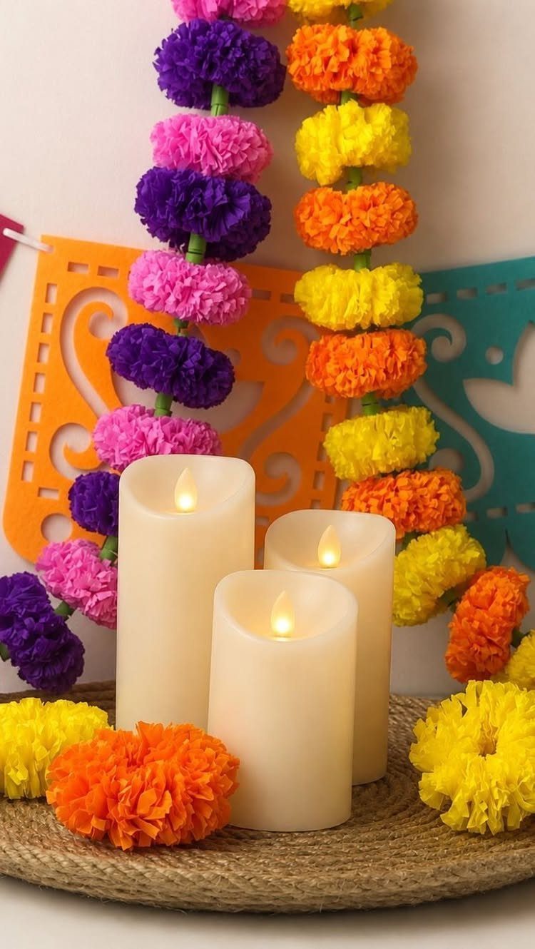 White pillar candles surrounded by orange and yellow marigolds with colorful flower garlands.