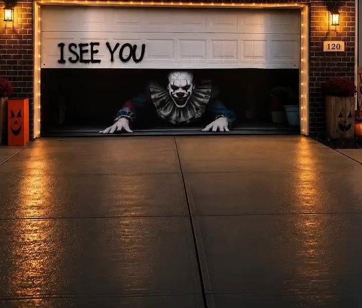 Halloween decorated garage with a scary clown decal and I SEE YOU text