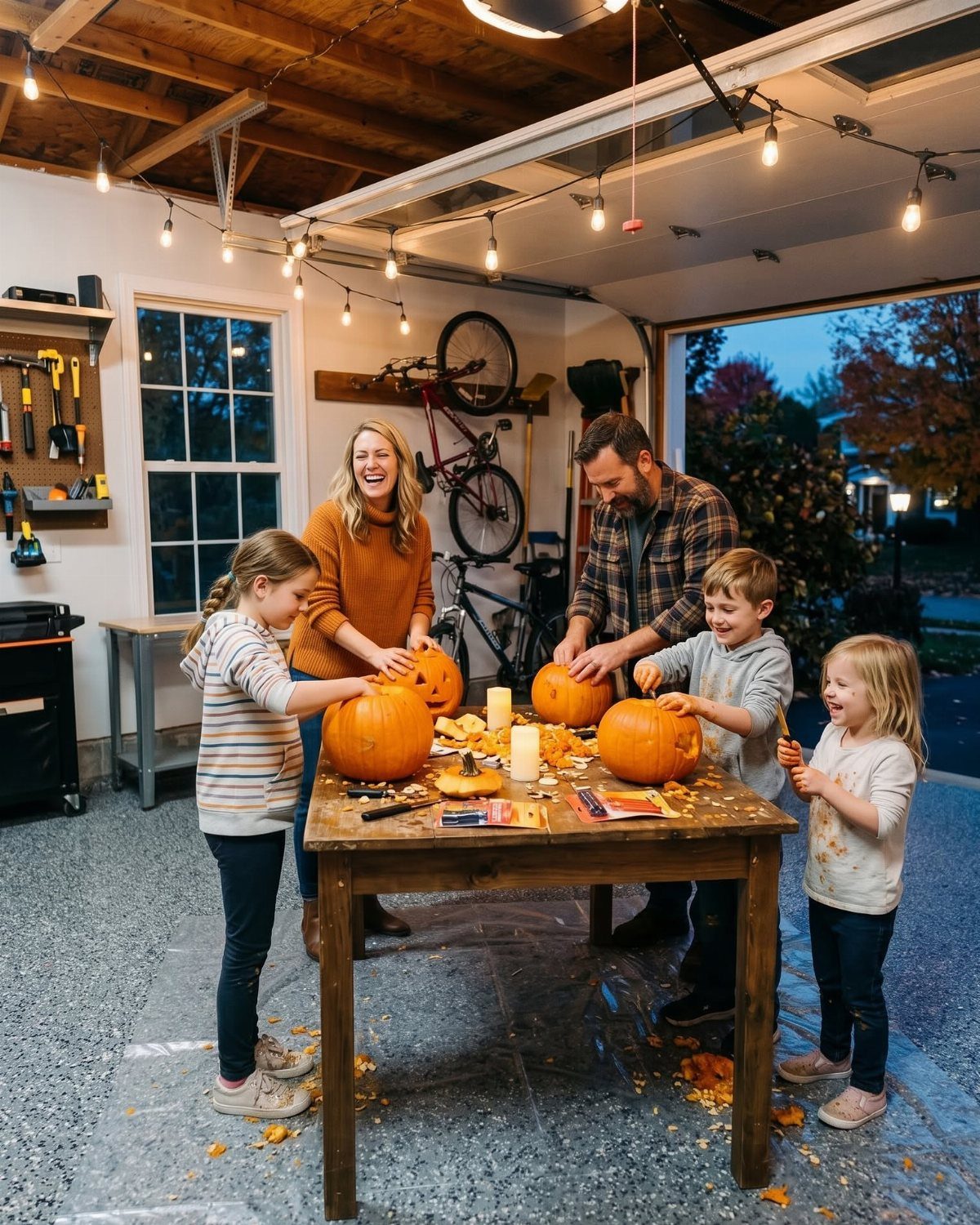 Family carving pumpkins on a wooden table inside a decorated open garage.