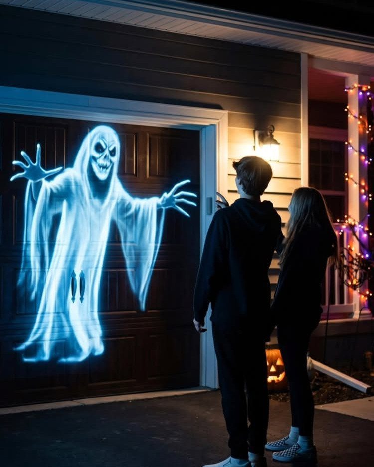 Two people watching a glowing blue ghost projection on a dark garage door