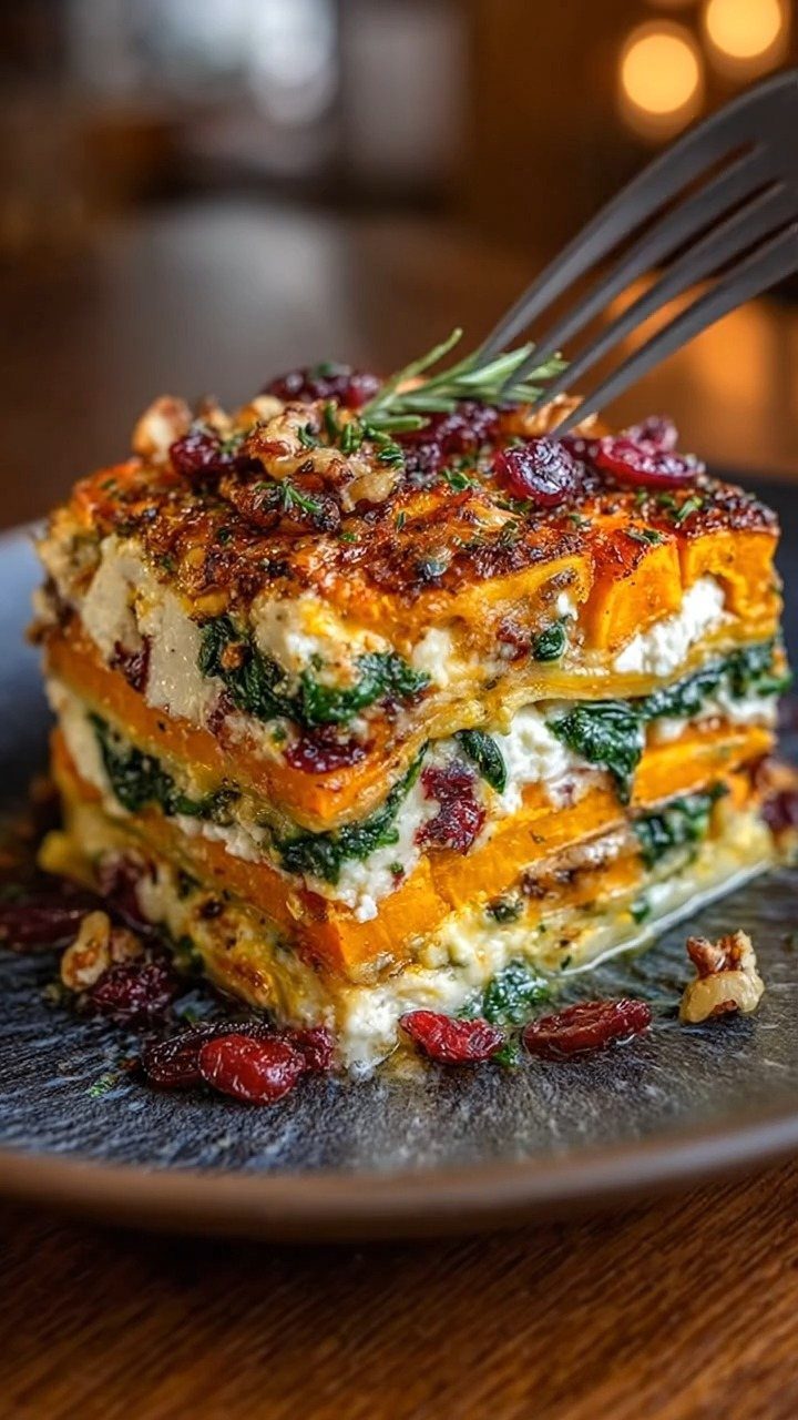 Butternut squash lasagna slice with spinach, ricotta, cranberries, and nuts on a plate.