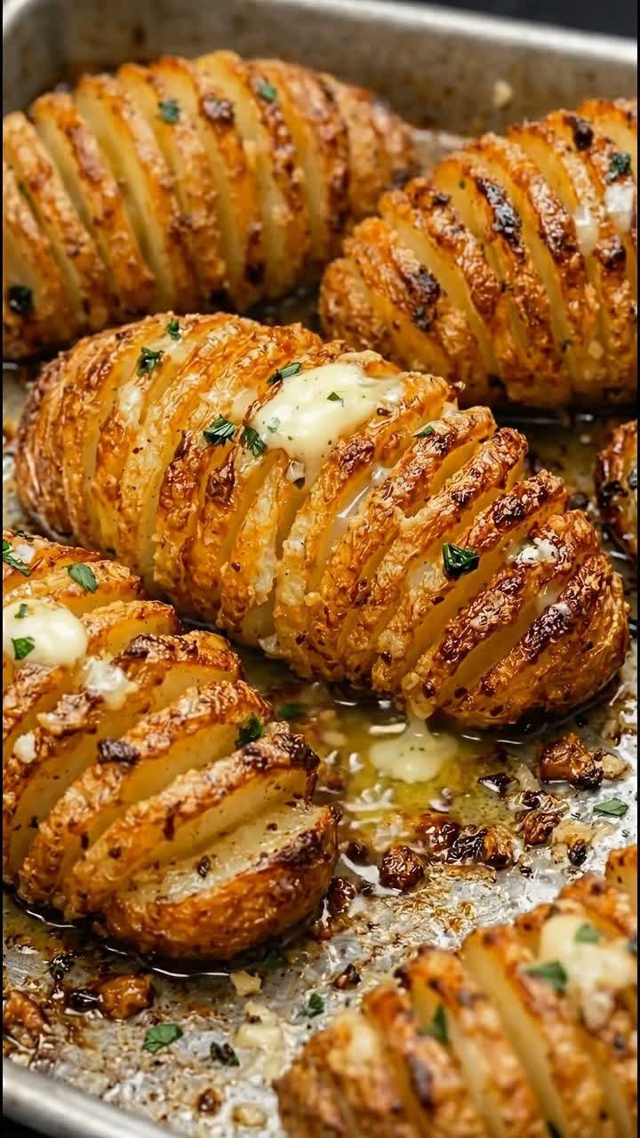 Roasted Hasselback potatoes with melted butter and herbs on a baking sheet.