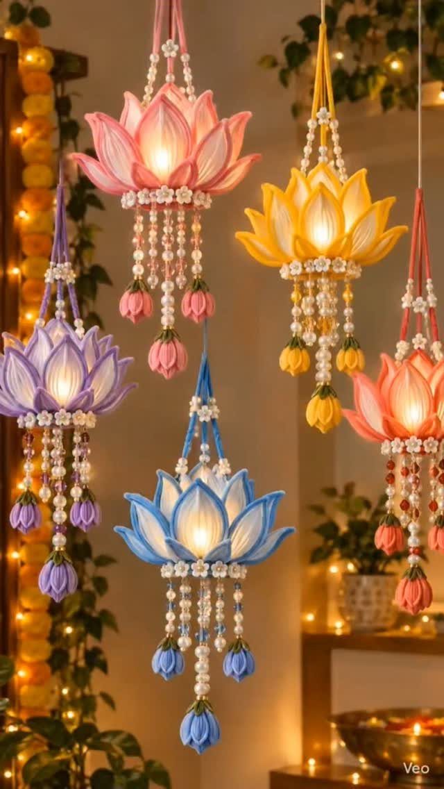Colorful lotus-shaped hanging lanterns with glowing centers and beaded tassels in a home.