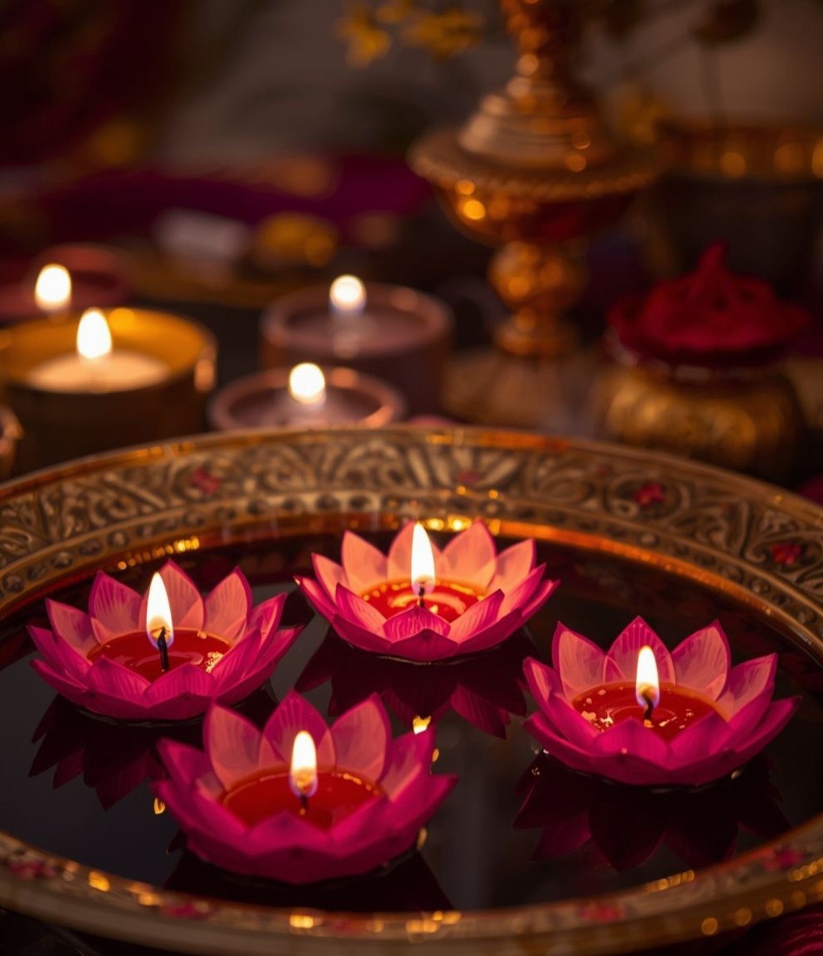 Pink lotus-shaped floating candles lit in a gold ornate bowl of water.